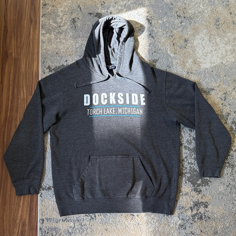 Dockside Torch Lake Michigan Charcoal Hoodie, Men’s Large. Like-new condition.
